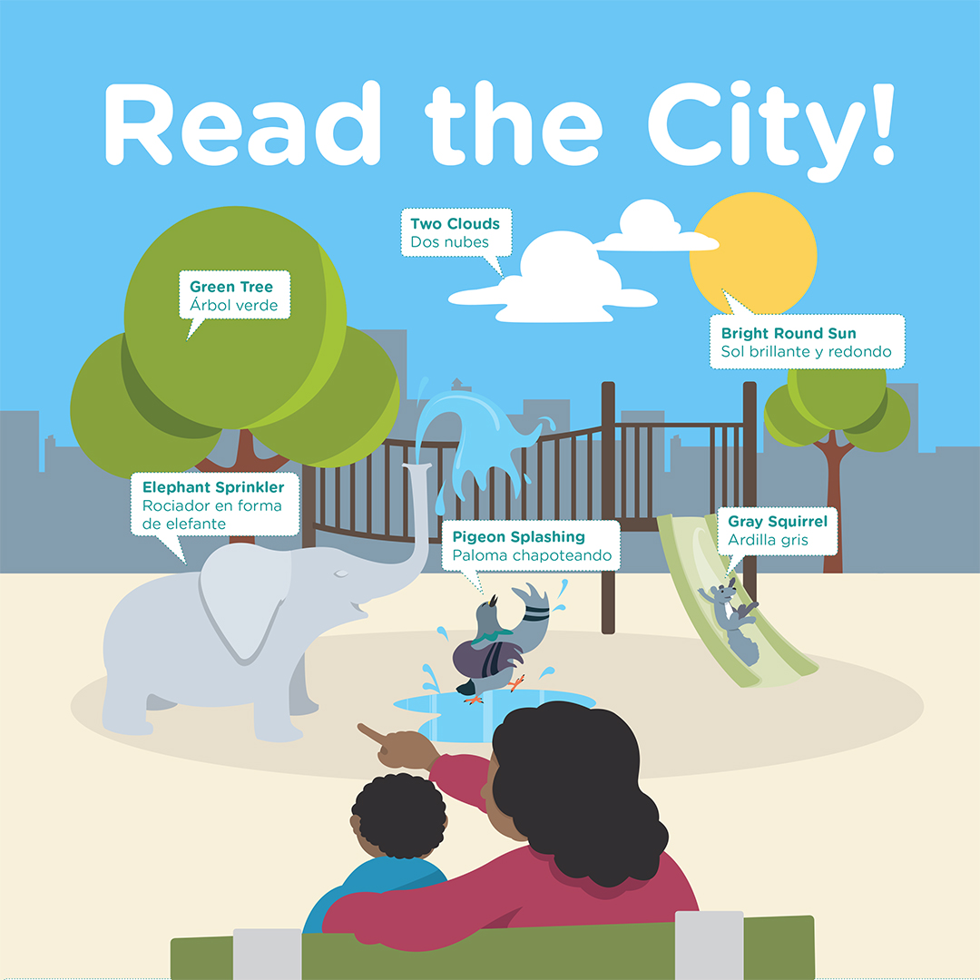 Read the City campaign creative where a mom points out objects in the playground to a child