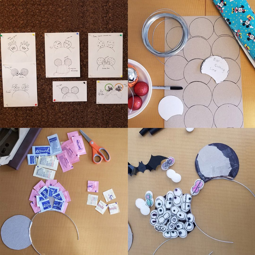 A collage of craft projects making Mickey ears out of cardboard