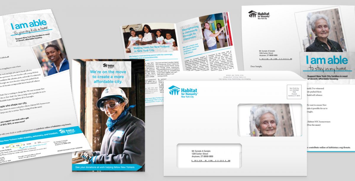 An example of direct mail using the 'I am able' campaign line showing the envelope and inside materials sent to donors