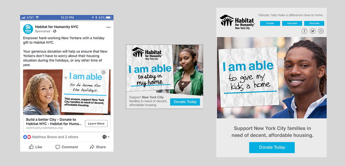 Examples of banner ads, facebook ads, and email using the 'I am able' campaign line