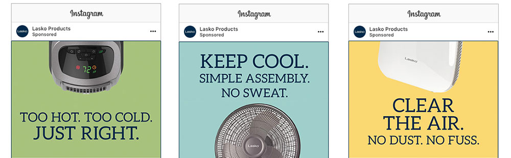 Three instagram ads for Lasko products